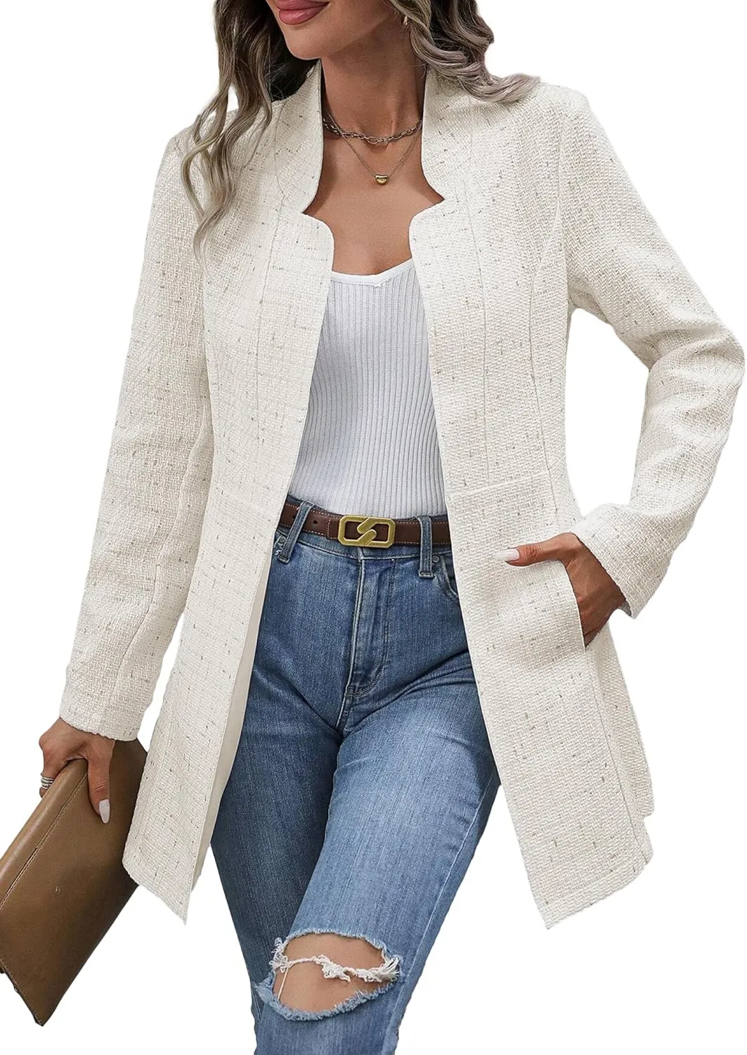 Fall Long Tweed Blazer Jacket for Women Open Front Long Sleeve Fashion Casual Elegant Work Suit with Pockets