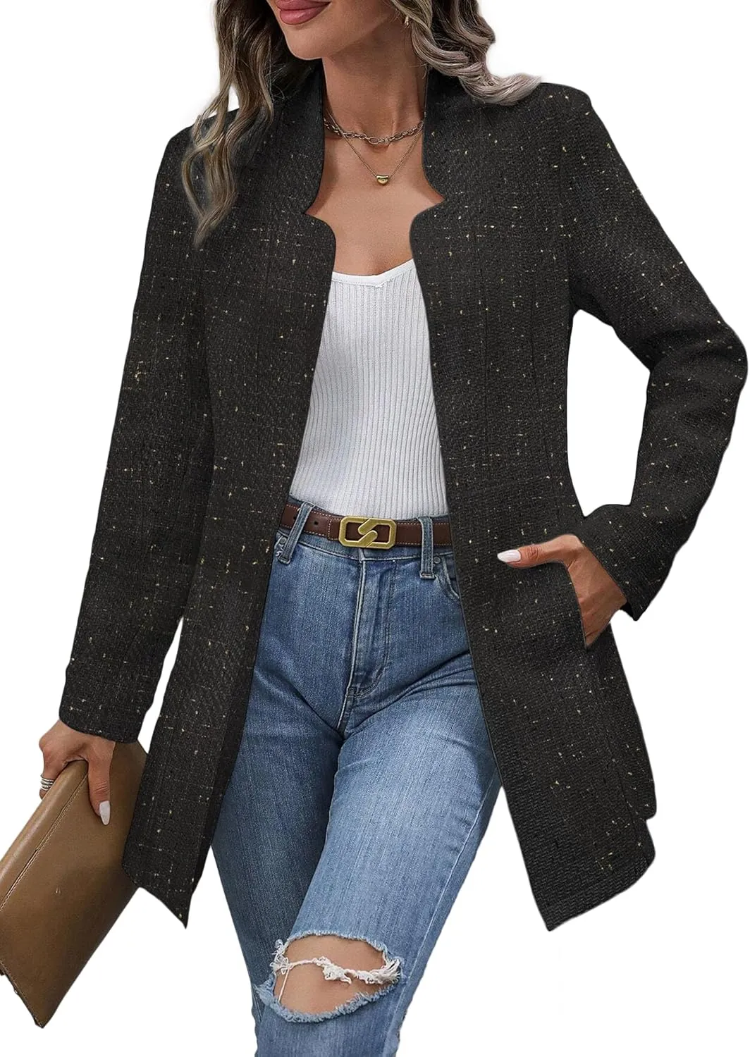 Fall Long Tweed Blazer Jacket for Women Open Front Long Sleeve Fashion Casual Elegant Work Suit with Pockets