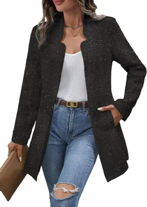Fall Long Tweed Blazer Jacket for Women Open Front Long Sleeve Fashion Casual Elegant Work Suit with Pockets