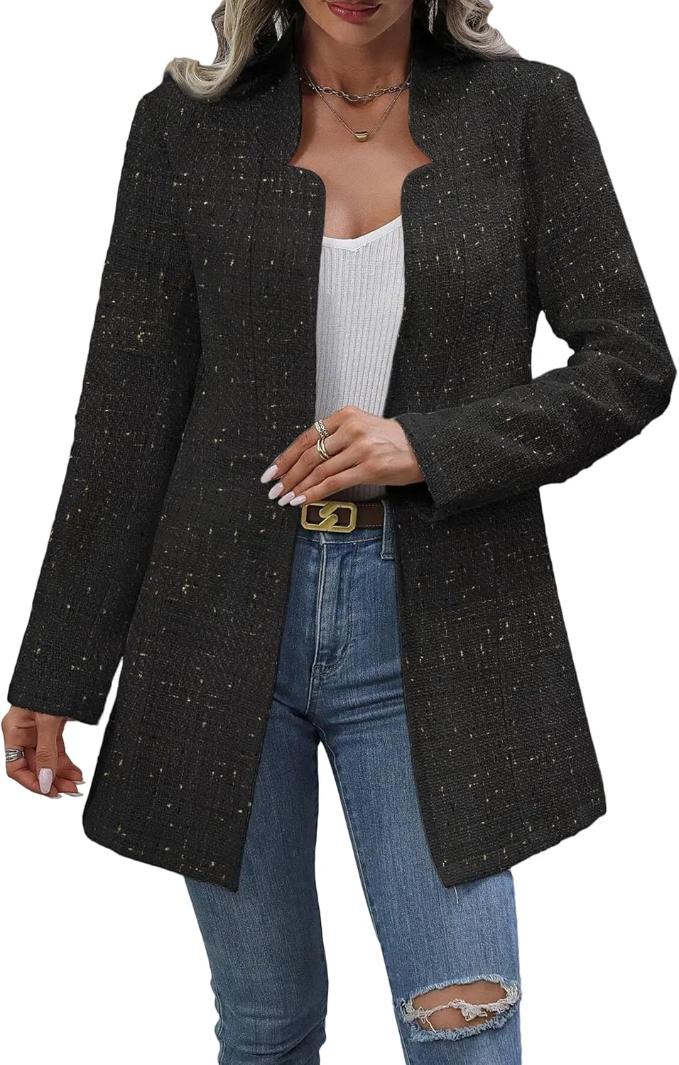 Fall Long Tweed Blazer Jacket for Women Open Front Long Sleeve Fashion Casual Elegant Work Suit with Pockets