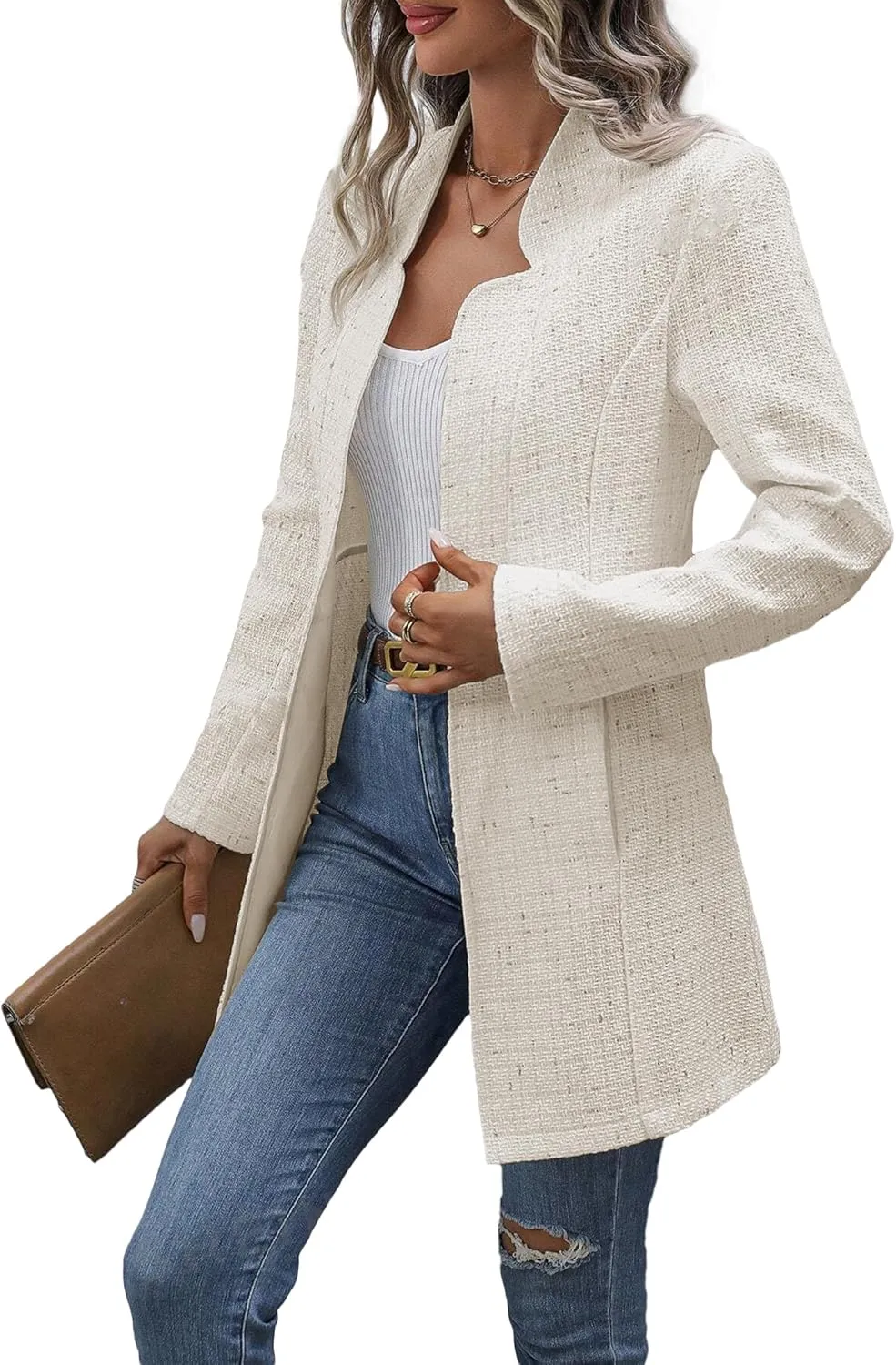 Fall Long Tweed Blazer Jacket for Women Open Front Long Sleeve Fashion Casual Elegant Work Suit with Pockets