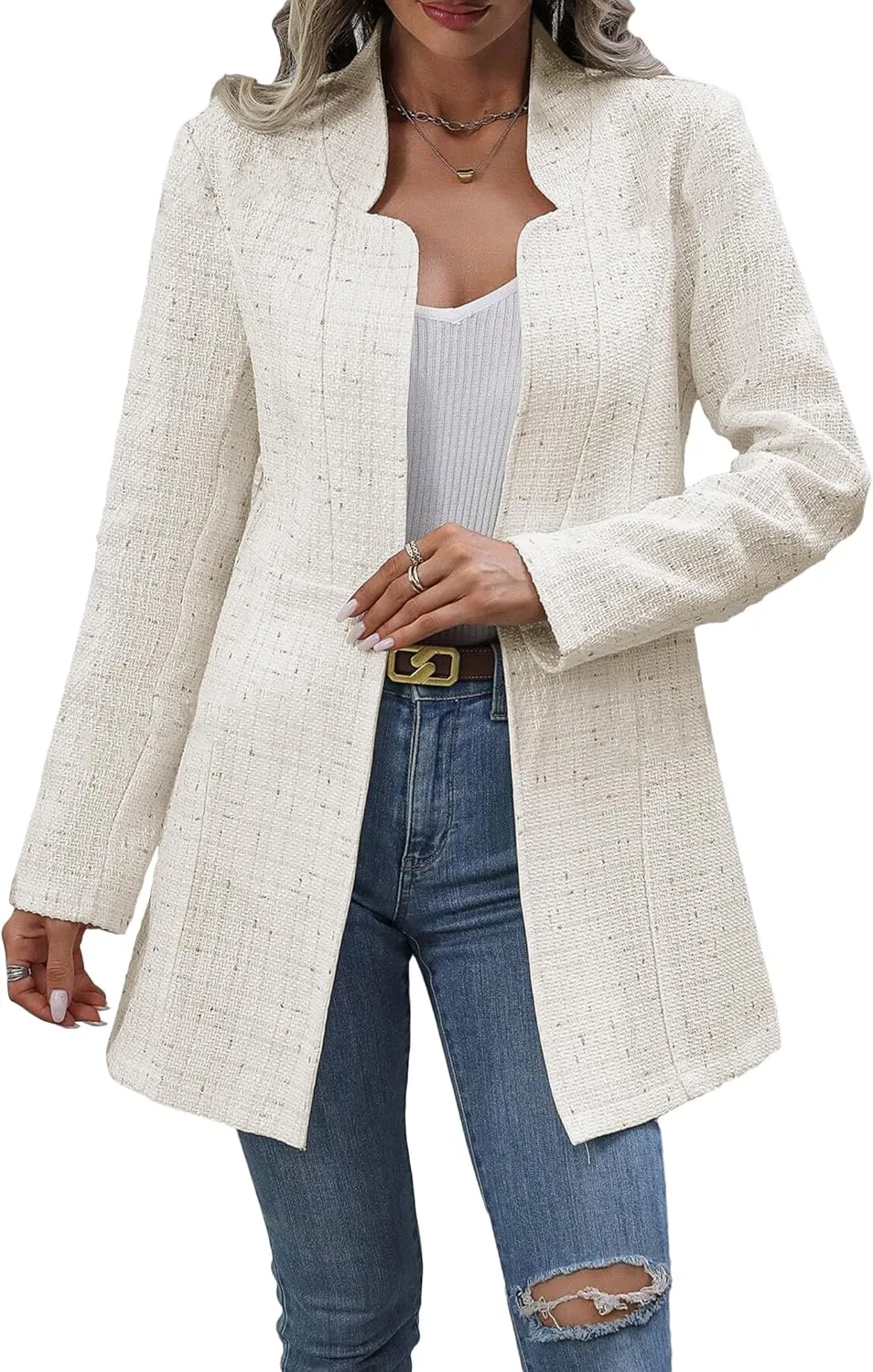 Fall Long Tweed Blazer Jacket for Women Open Front Long Sleeve Fashion Casual Elegant Work Suit with Pockets