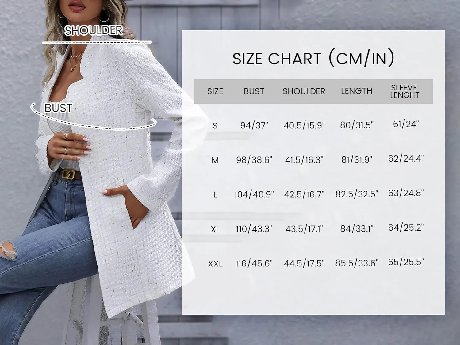 Fall Long Tweed Blazer Jacket for Women Open Front Long Sleeve Fashion Casual Elegant Work Suit with Pockets