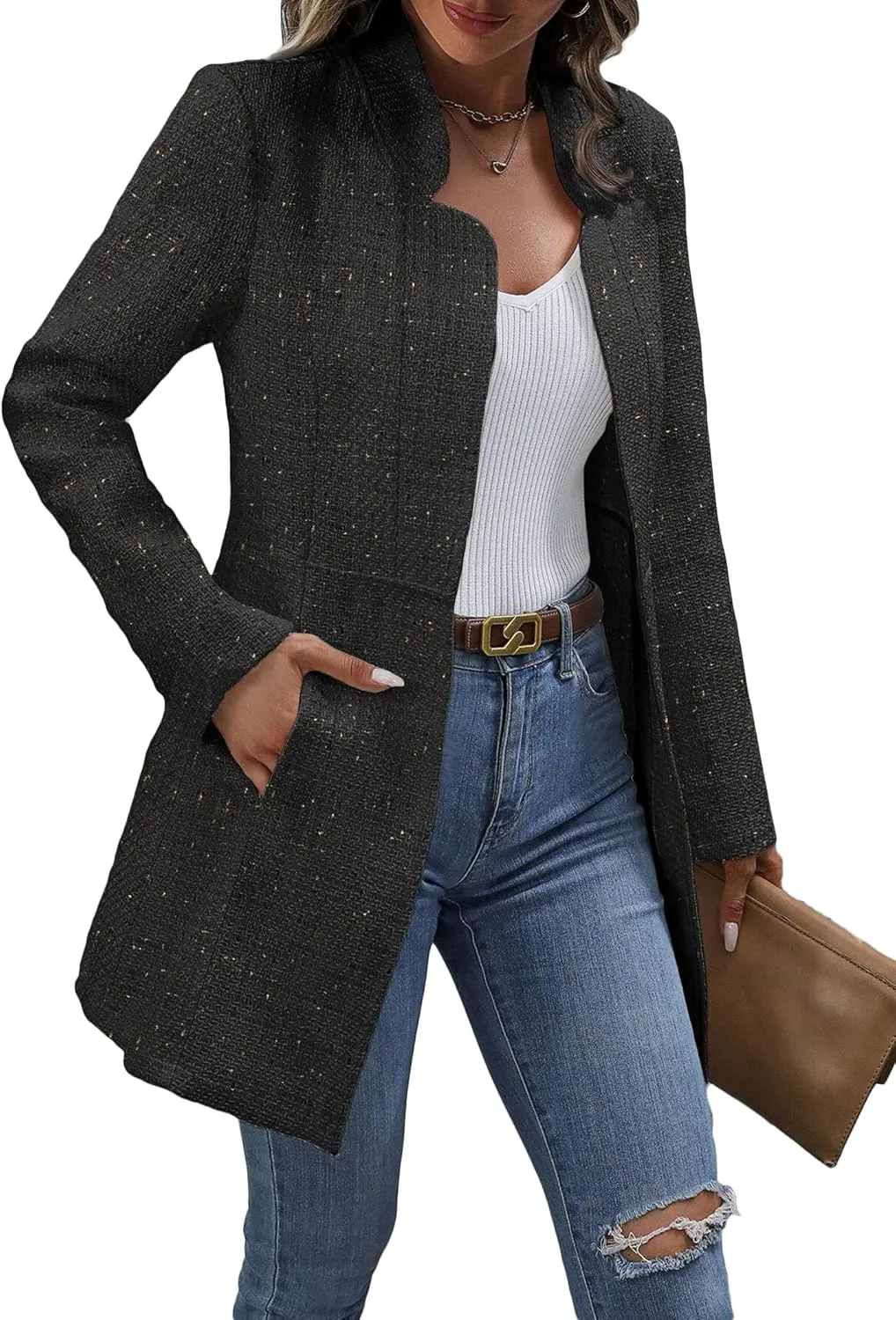 Fall Long Tweed Blazer Jacket for Women Open Front Long Sleeve Fashion Casual Elegant Work Suit with Pockets