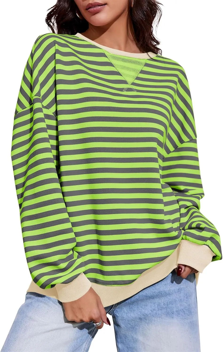 Fisoew Womens Striped Oversized Sweatshirt Color Block Crew Neck Long Sleeve Shirt Casual Loose Pullover Top Y2K Clothes