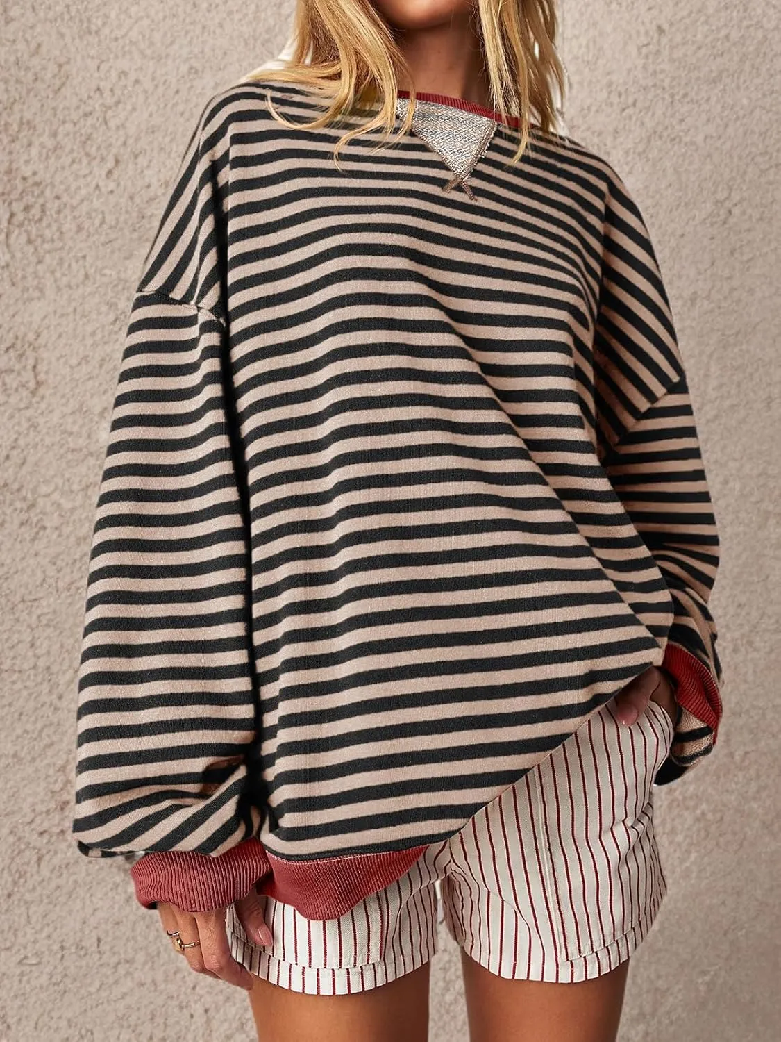Fisoew Womens Striped Oversized Sweatshirt Color Block Crew Neck Long Sleeve Shirt Casual Loose Pullover Top Y2K Clothes