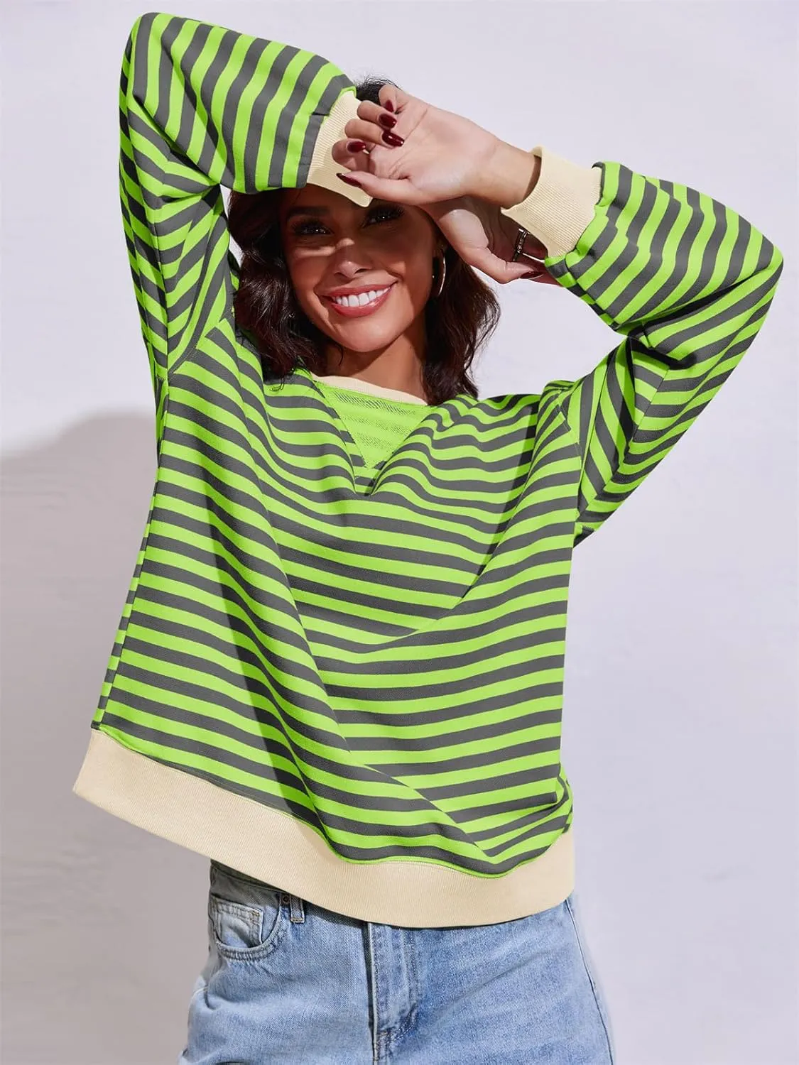 Fisoew Womens Striped Oversized Sweatshirt Color Block Crew Neck Long Sleeve Shirt Casual Loose Pullover Top Y2K Clothes