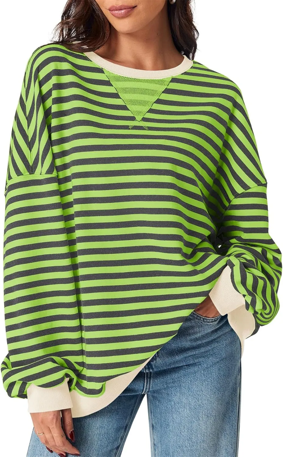 Fisoew Womens Striped Oversized Sweatshirt Color Block Crew Neck Long Sleeve Shirt Casual Loose Pullover Top Y2K Clothes