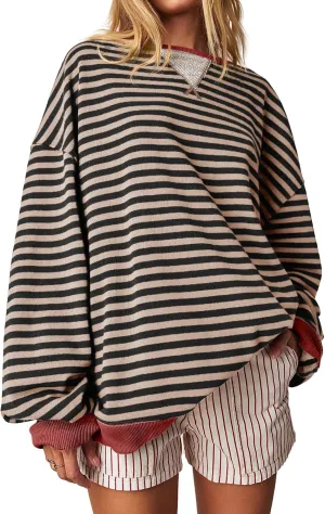 Fisoew Womens Striped Oversized Sweatshirt Color Block Crew Neck Long Sleeve Shirt Casual Loose Pullover Top Y2K Clothes