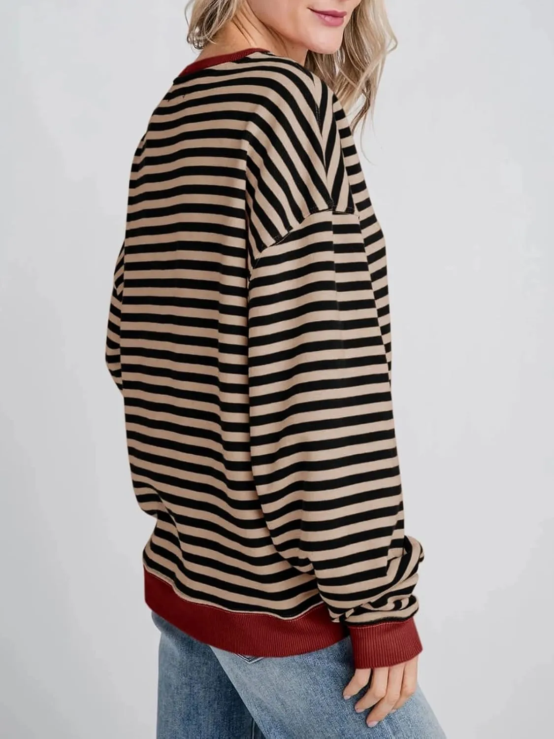 Fisoew Womens Striped Oversized Sweatshirt Color Block Crew Neck Long Sleeve Shirt Casual Loose Pullover Top Y2K Clothes