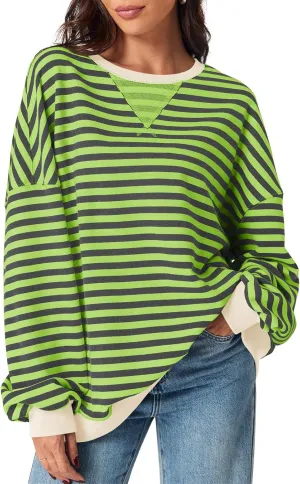 Fisoew Womens Striped Oversized Sweatshirt Color Block Crew Neck Long Sleeve Shirt Casual Loose Pullover Top Y2K Clothes