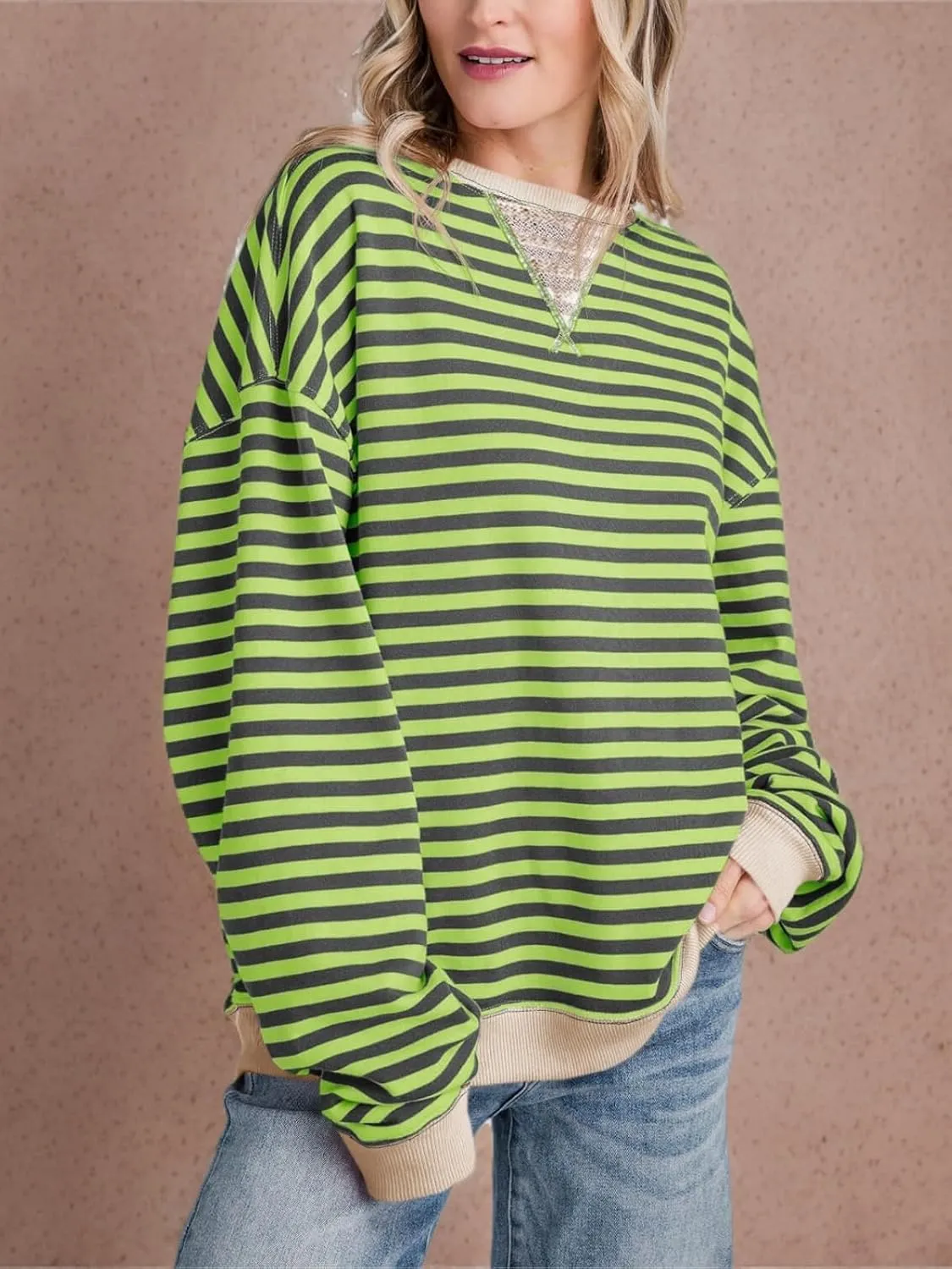 Fisoew Womens Striped Oversized Sweatshirt Color Block Crew Neck Long Sleeve Shirt Casual Loose Pullover Top Y2K Clothes