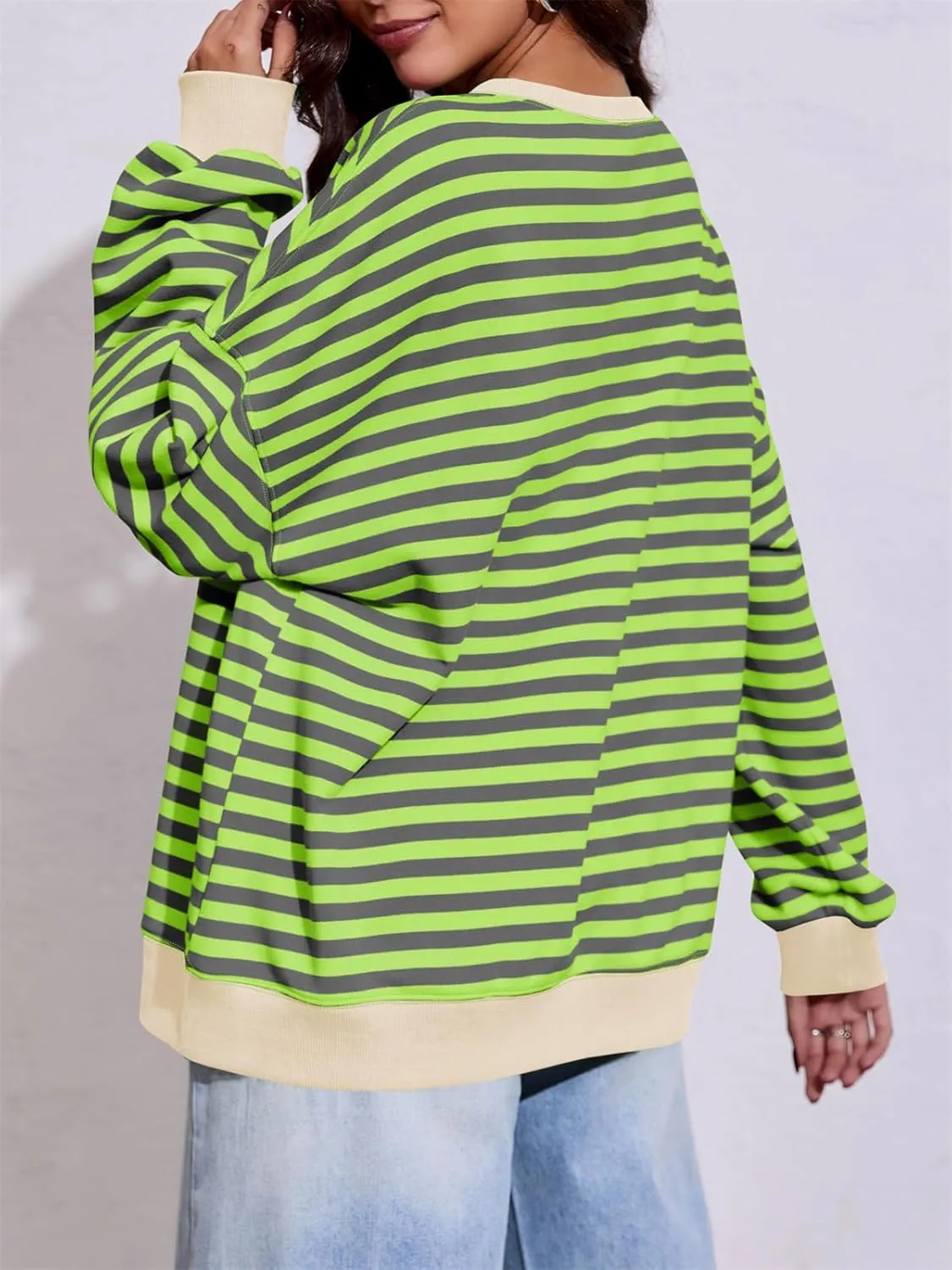 Fisoew Womens Striped Oversized Sweatshirt Color Block Crew Neck Long Sleeve Shirt Casual Loose Pullover Top Y2K Clothes