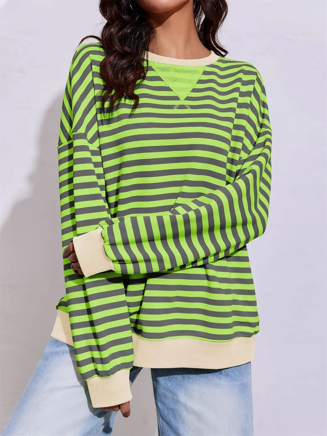 Fisoew Womens Striped Oversized Sweatshirt Color Block Crew Neck Long Sleeve Shirt Casual Loose Pullover Top Y2K Clothes