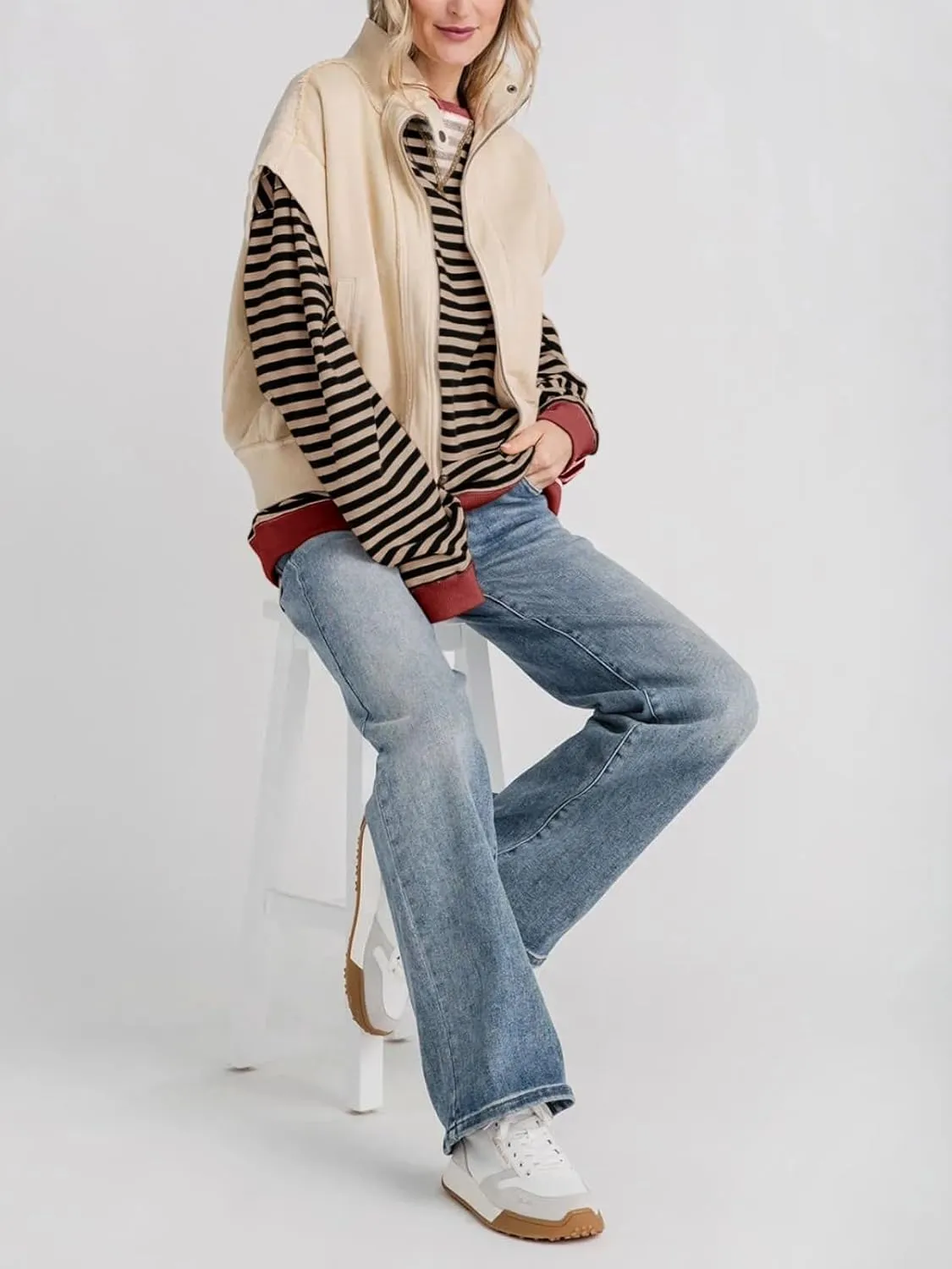 Fisoew Womens Striped Oversized Sweatshirt Color Block Crew Neck Long Sleeve Shirt Casual Loose Pullover Top Y2K Clothes