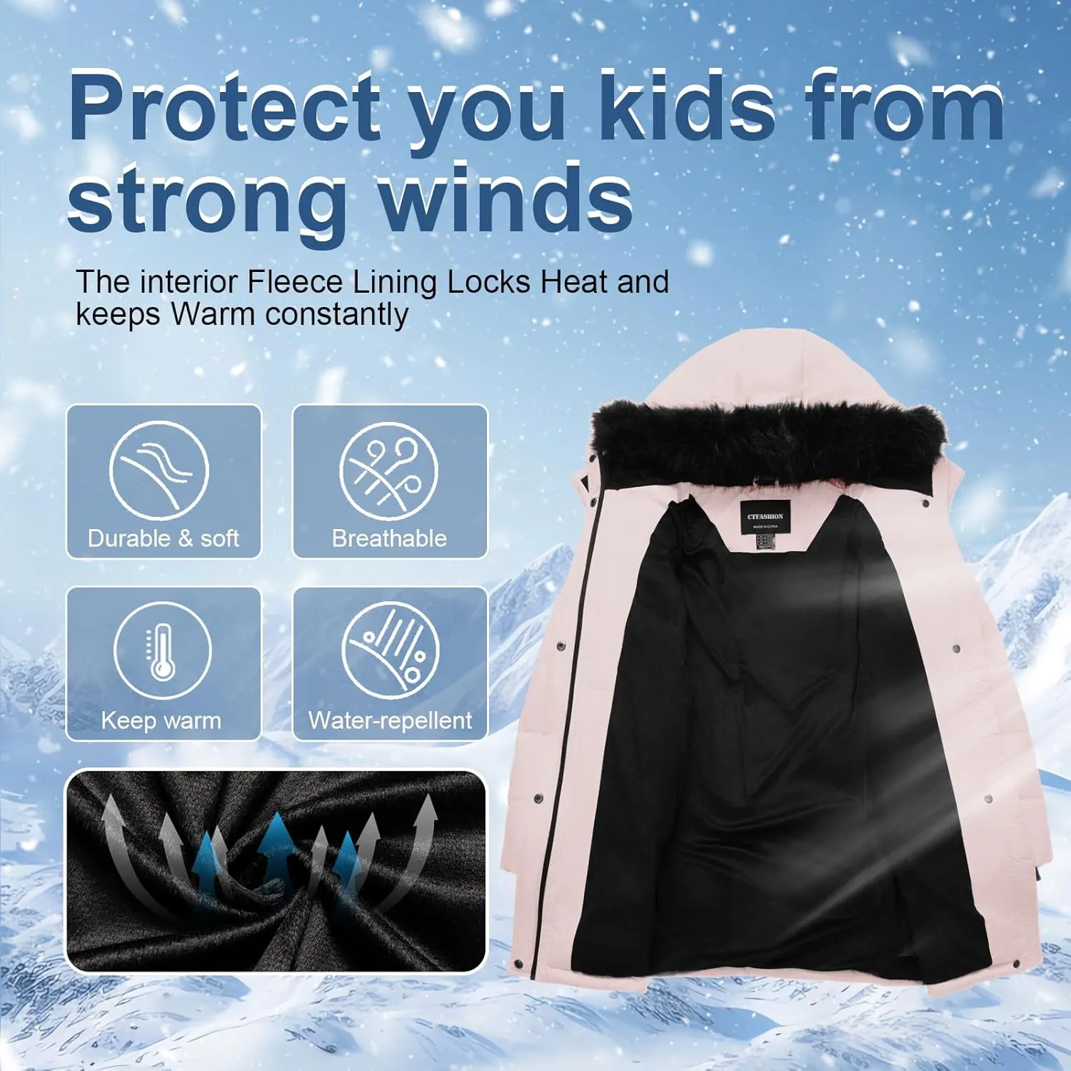 Girl's Winter Coats Kids Waterproof Long Puffer Jacket Thicken Fleece Lined Ski Parka with Detachable Fur Hooded