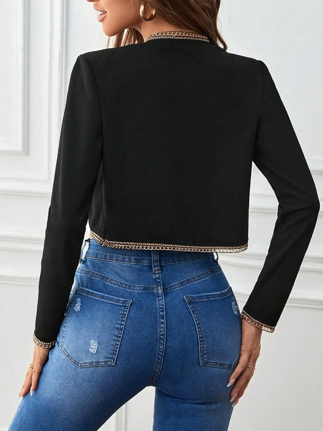 GORGLITTER Women's Open Front Cropped Blazers Long Sleeve Business Casual Lightweight Bolero Jacket