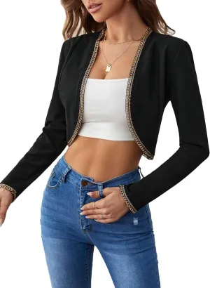 GORGLITTER Women's Open Front Cropped Blazers Long Sleeve Business Casual Lightweight Bolero Jacket