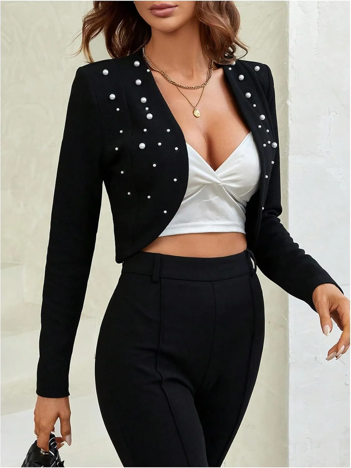 GORGLITTER Women's Open Front Cropped Blazers Long Sleeve Business Casual Lightweight Bolero Jacket