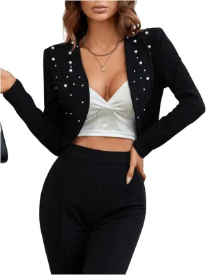 GORGLITTER Women's Open Front Cropped Blazers Long Sleeve Business Casual Lightweight Bolero Jacket