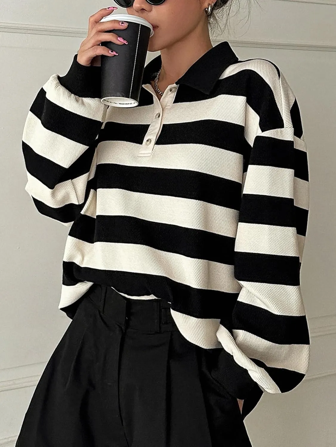GORGLITTER Women's Striped Sweatshirt Color Block Button Long Sleeve Collar Neck Pullover Tops