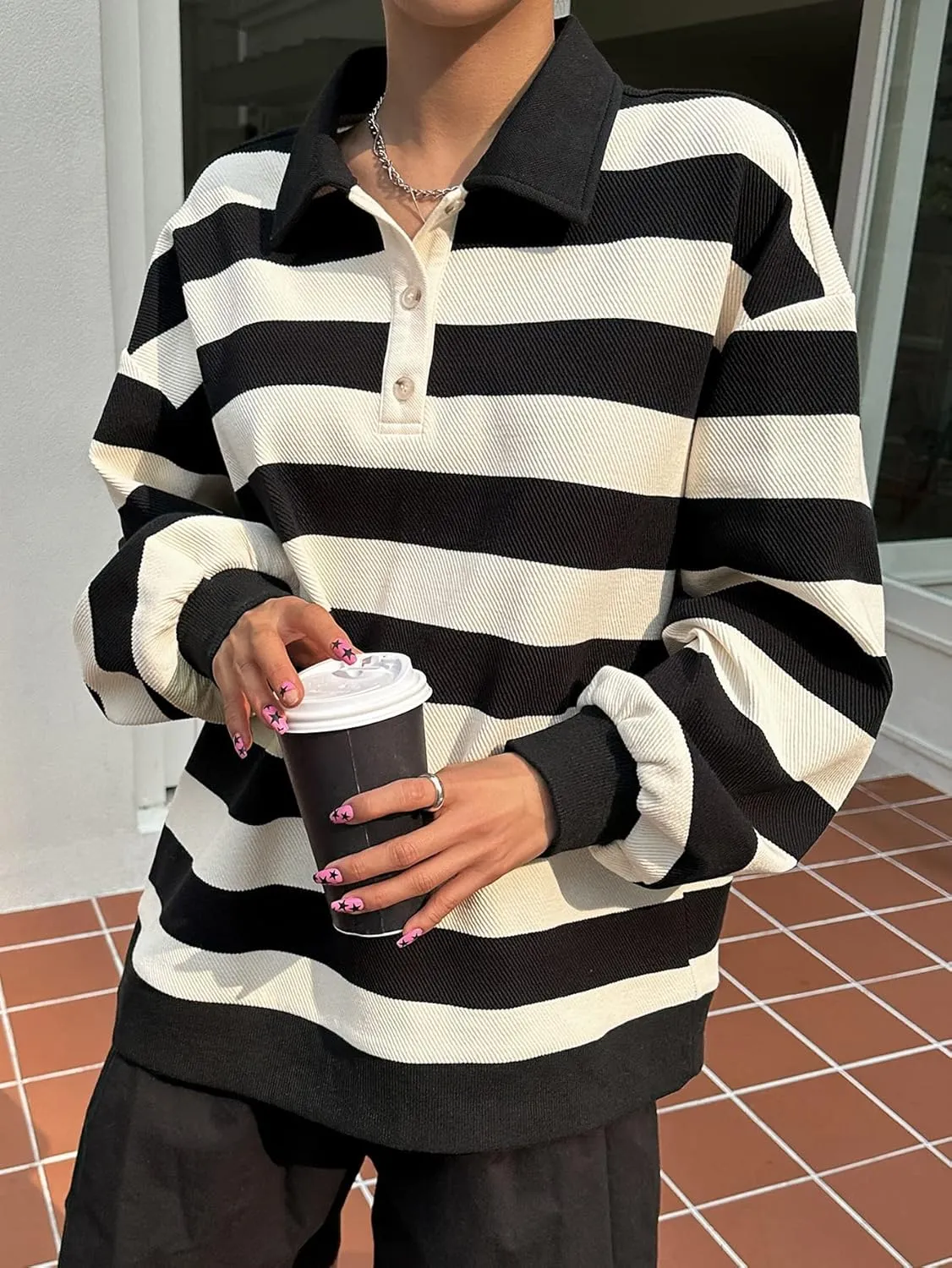 GORGLITTER Women's Striped Sweatshirt Color Block Button Long Sleeve Collar Neck Pullover Tops