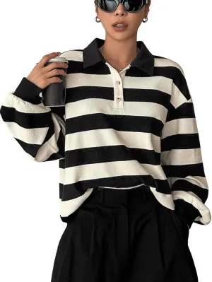 GORGLITTER Women's Striped Sweatshirt Color Block Button Long Sleeve Collar Neck Pullover Tops