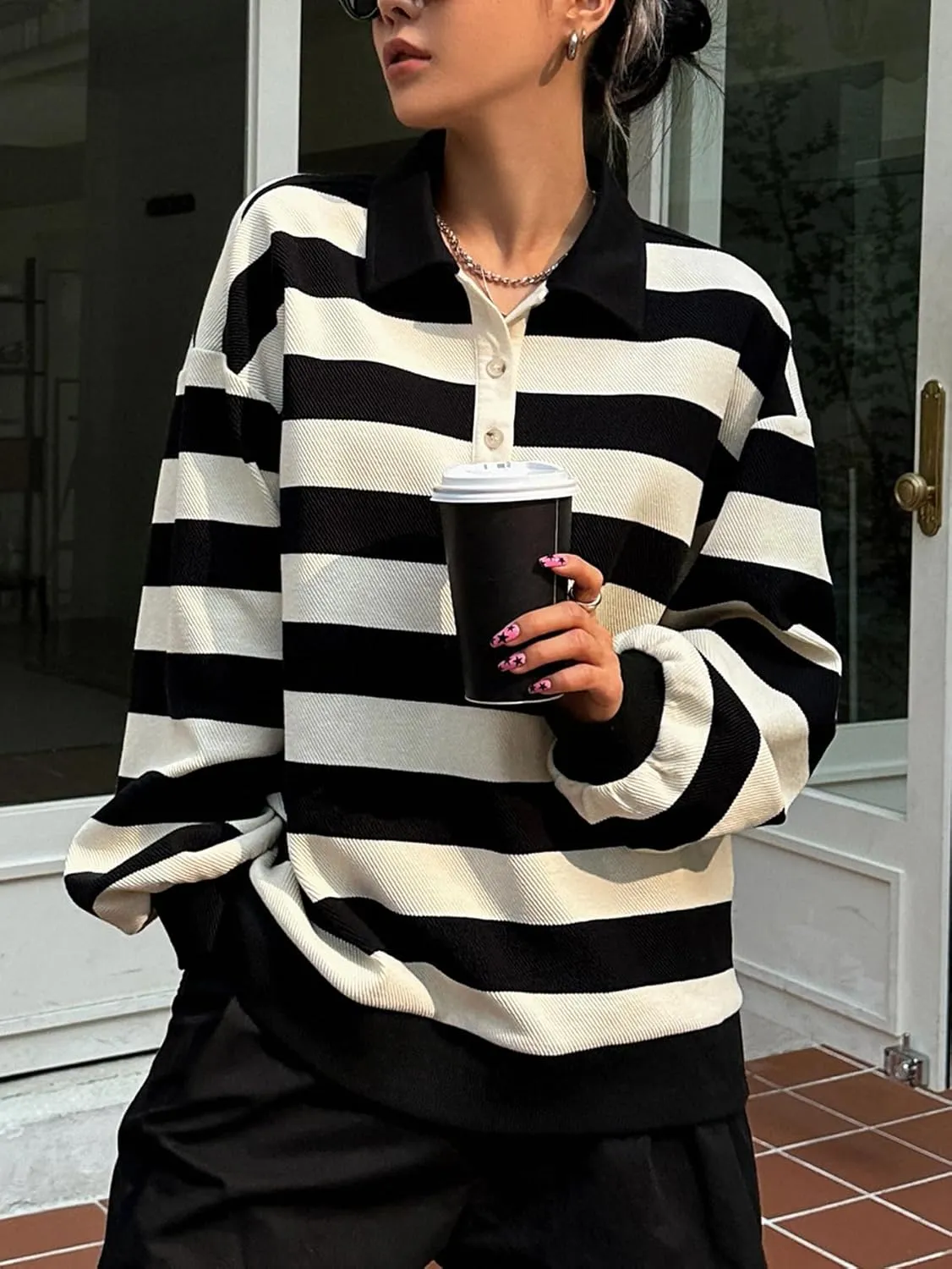 GORGLITTER Women's Striped Sweatshirt Color Block Button Long Sleeve Collar Neck Pullover Tops