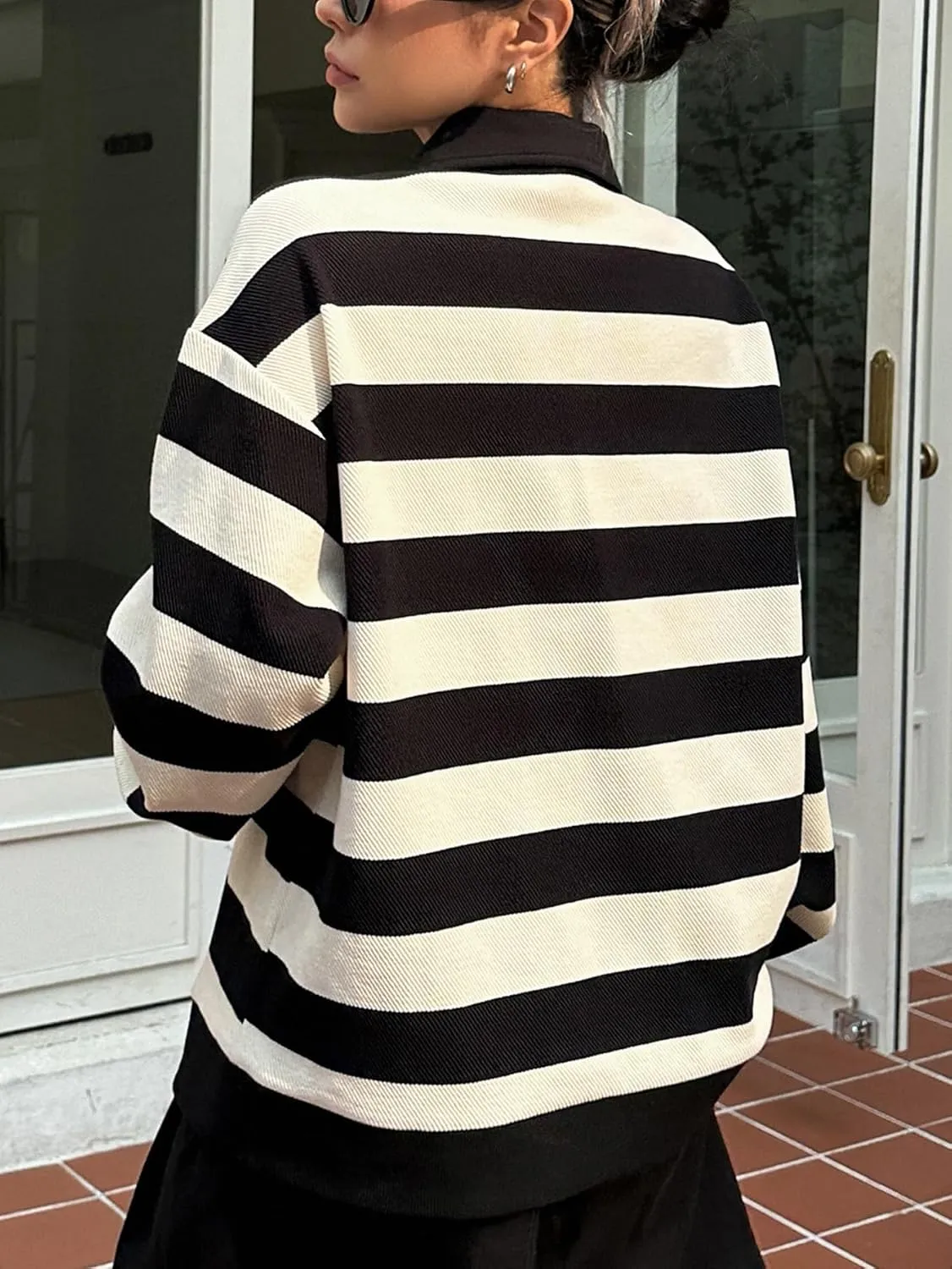 GORGLITTER Women's Striped Sweatshirt Color Block Button Long Sleeve Collar Neck Pullover Tops