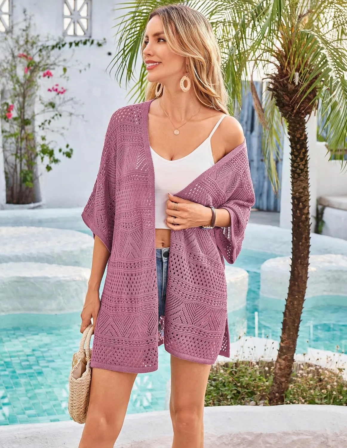 GRACE KARIN Womens Summer Short Sleeve Crochet Cardigan Sweaters Lightweight 2025 Oversized Knit Boho Kimono Cardigans