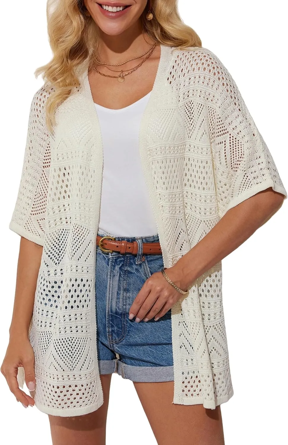 GRACE KARIN Womens Summer Short Sleeve Crochet Cardigan Sweaters Lightweight 2025 Oversized Knit Boho Kimono Cardigans