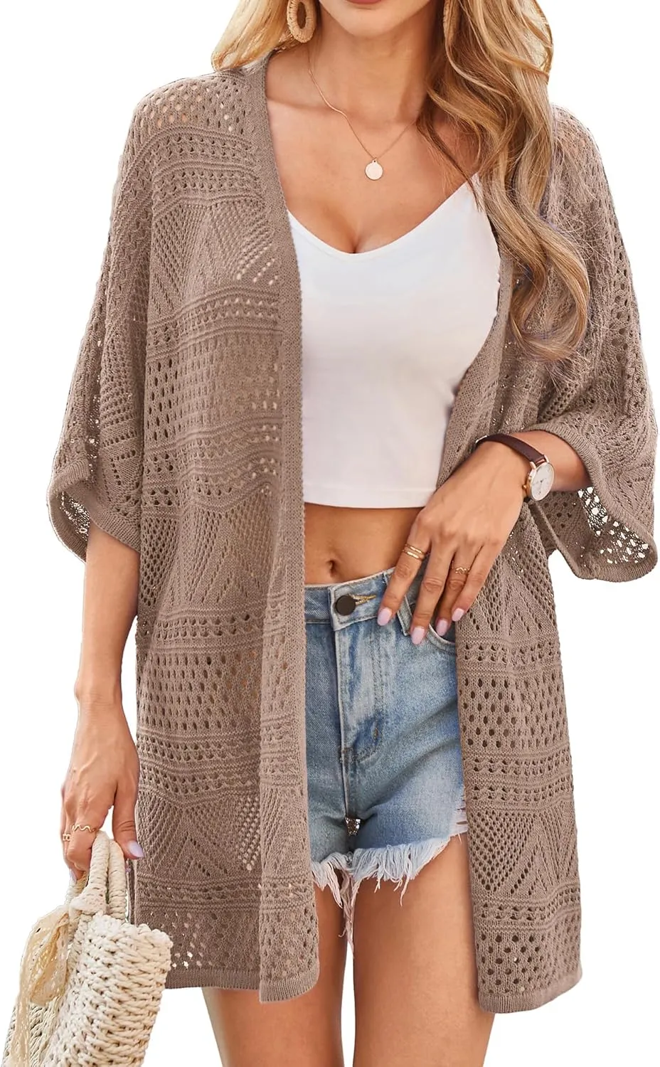 GRACE KARIN Womens Summer Short Sleeve Crochet Cardigan Sweaters Lightweight 2025 Oversized Knit Boho Kimono Cardigans