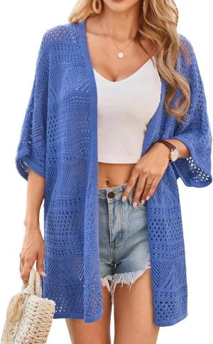 GRACE KARIN Womens Summer Short Sleeve Crochet Cardigan Sweaters Lightweight 2025 Oversized Knit Boho Kimono Cardigans