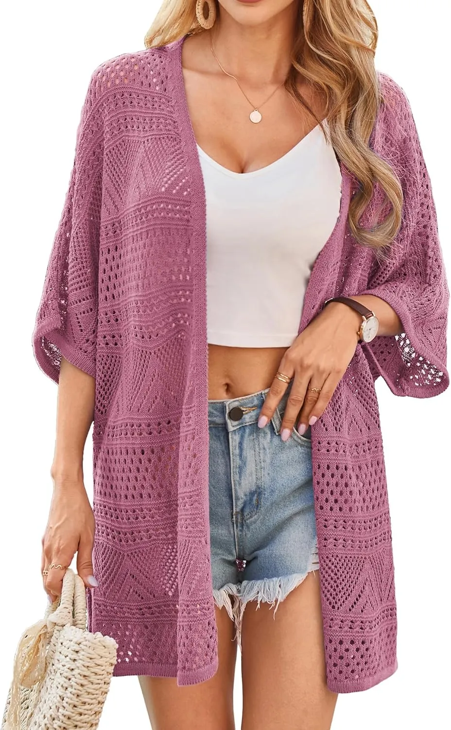 GRACE KARIN Womens Summer Short Sleeve Crochet Cardigan Sweaters Lightweight 2025 Oversized Knit Boho Kimono Cardigans
