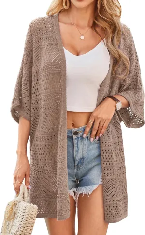 GRACE KARIN Womens Summer Short Sleeve Crochet Cardigan Sweaters Lightweight 2025 Oversized Knit Boho Kimono Cardigans