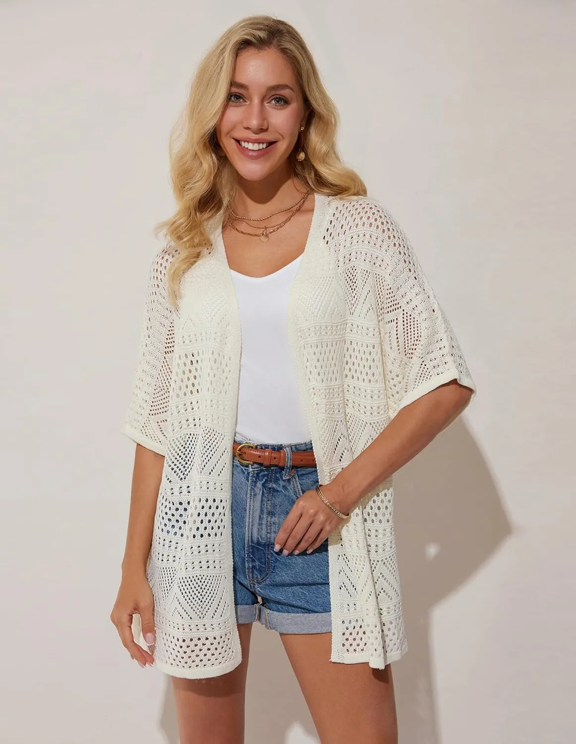 GRACE KARIN Womens Summer Short Sleeve Crochet Cardigan Sweaters Lightweight 2025 Oversized Knit Boho Kimono Cardigans