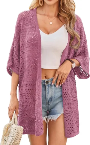 GRACE KARIN Womens Summer Short Sleeve Crochet Cardigan Sweaters Lightweight 2025 Oversized Knit Boho Kimono Cardigans