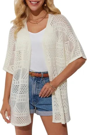 GRACE KARIN Womens Summer Short Sleeve Crochet Cardigan Sweaters Lightweight 2025 Oversized Knit Boho Kimono Cardigans