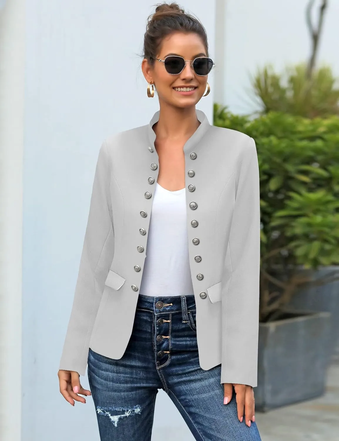 GRAPENT Women's Business Casual Buttons Pockets Open Front Blazer Suit Cardigan