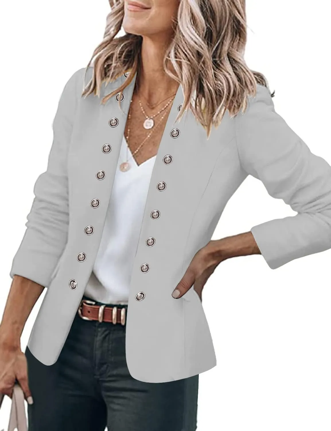 GRAPENT Women's Business Casual Buttons Pockets Open Front Blazer Suit Cardigan