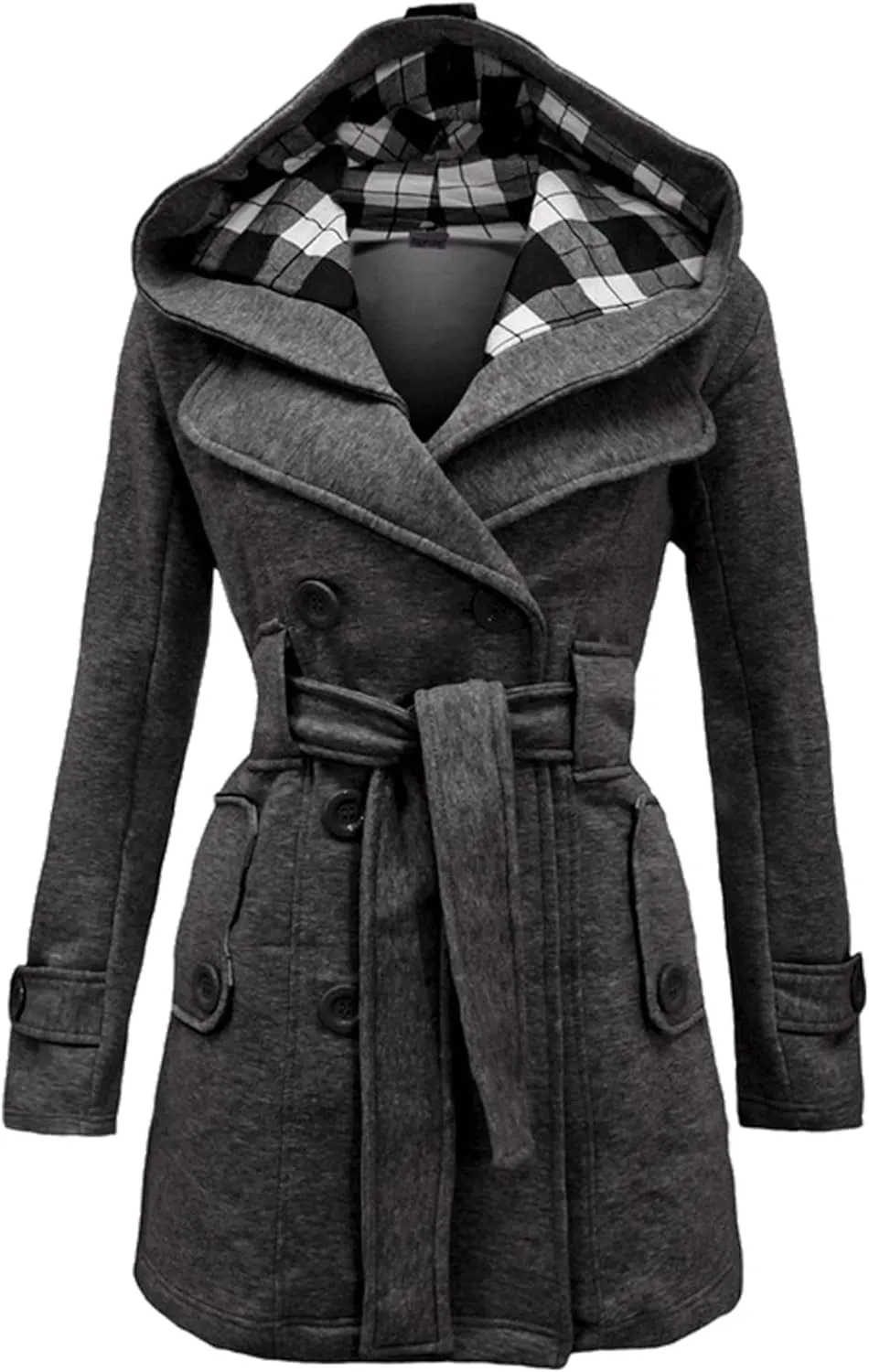 GRASWE Women's Winter Double Breasted Plaid Pea Coat Mid Long Outwear Coat with Hood