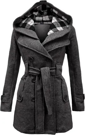 GRASWE Women's Winter Double Breasted Plaid Pea Coat Mid Long Outwear Coat with Hood