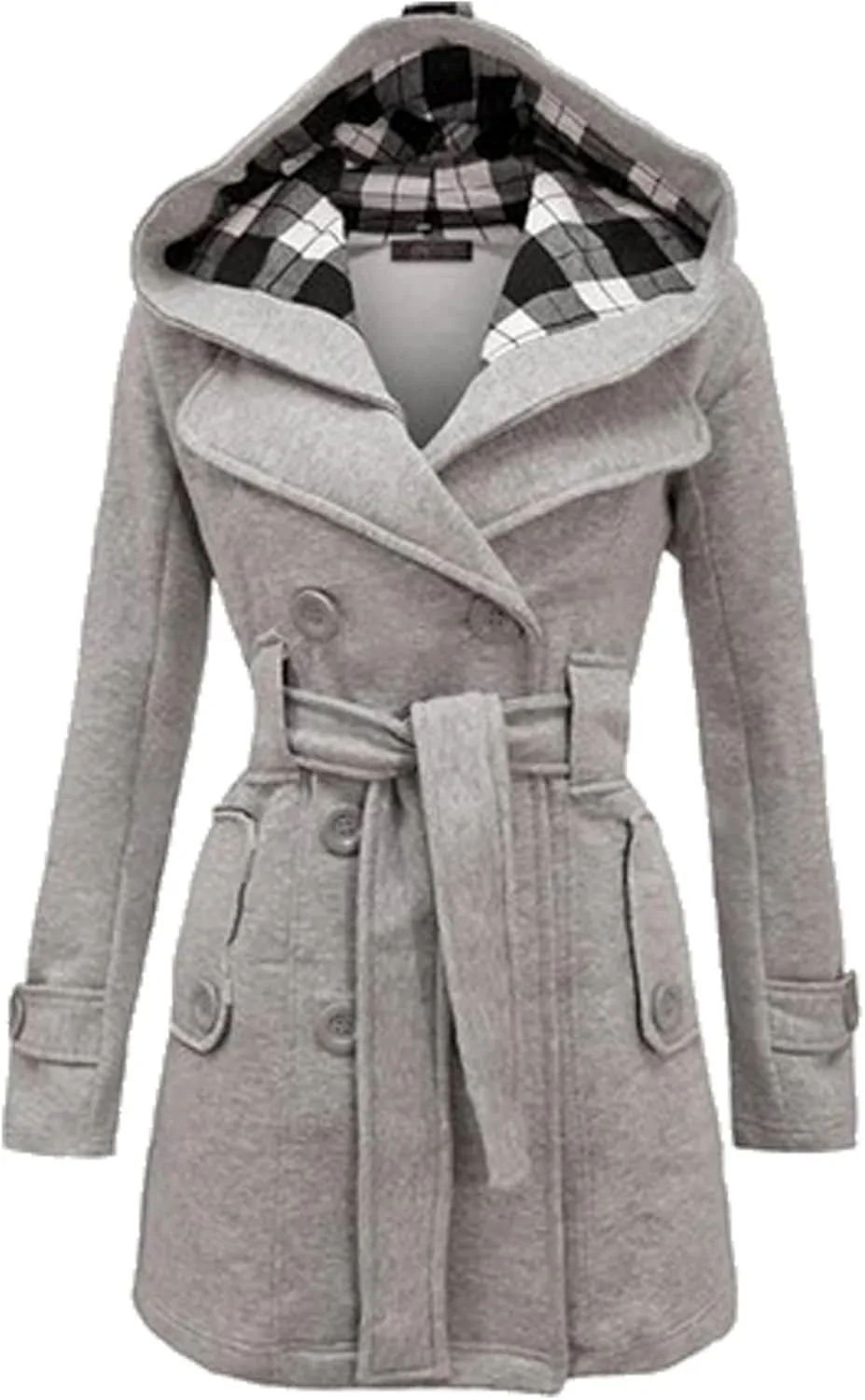GRASWE Women's Winter Double Breasted Plaid Pea Coat Mid Long Outwear Coat with Hood