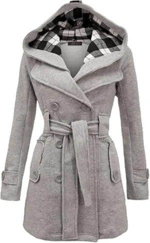GRASWE Women's Winter Double Breasted Plaid Pea Coat Mid Long Outwear Coat with Hood