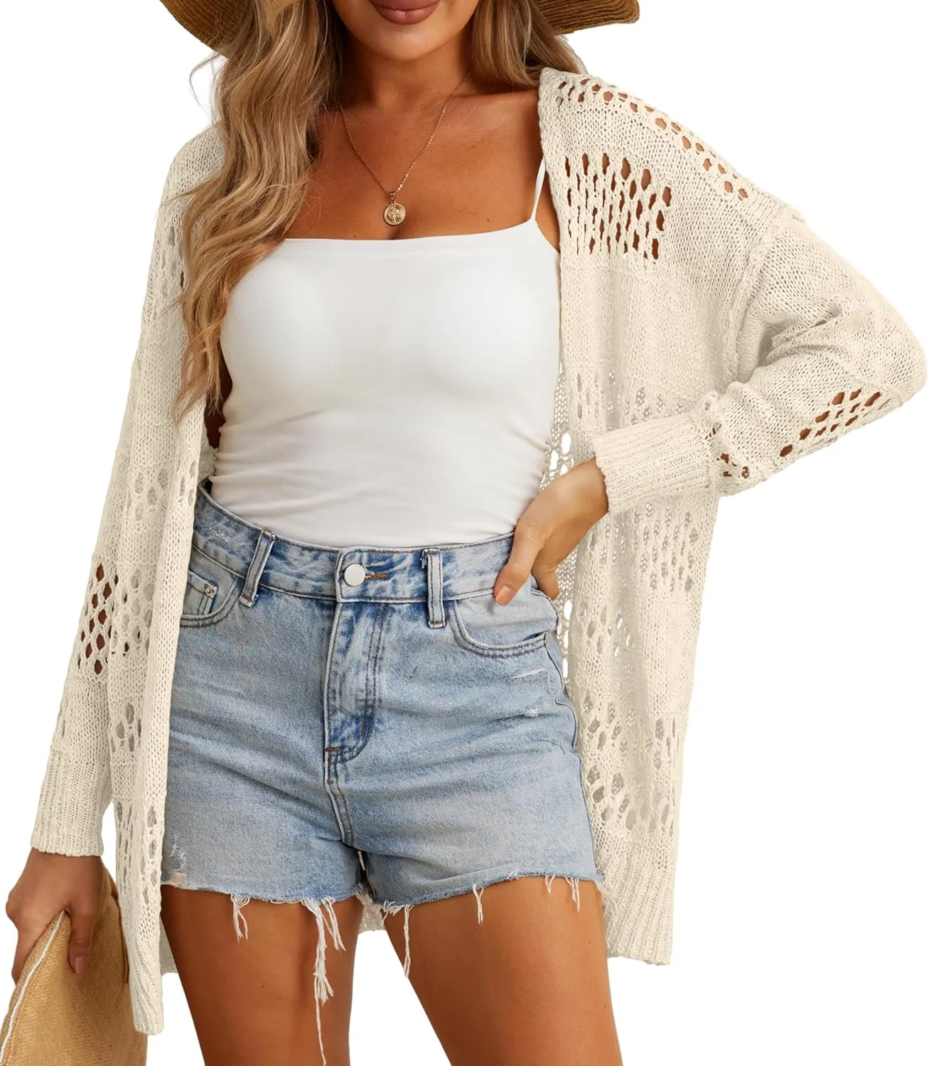 GRECERELLE 2025 Women Summer Crochet Boho Long Sleeve Lightweight Oversized Open Front Cardigan Sweaters Kimonos Tops