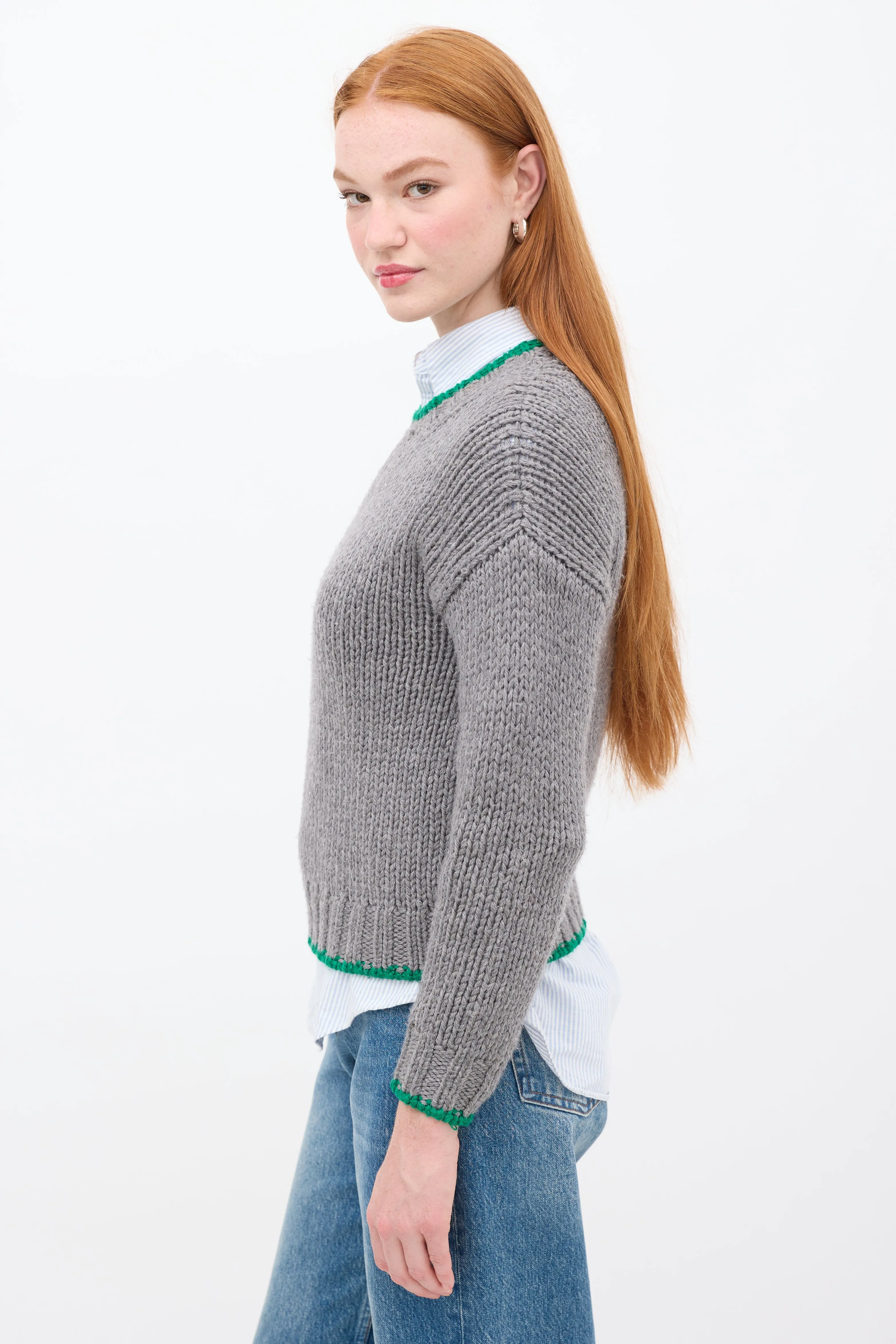 Grey & Green Wool Trimmed Sweater