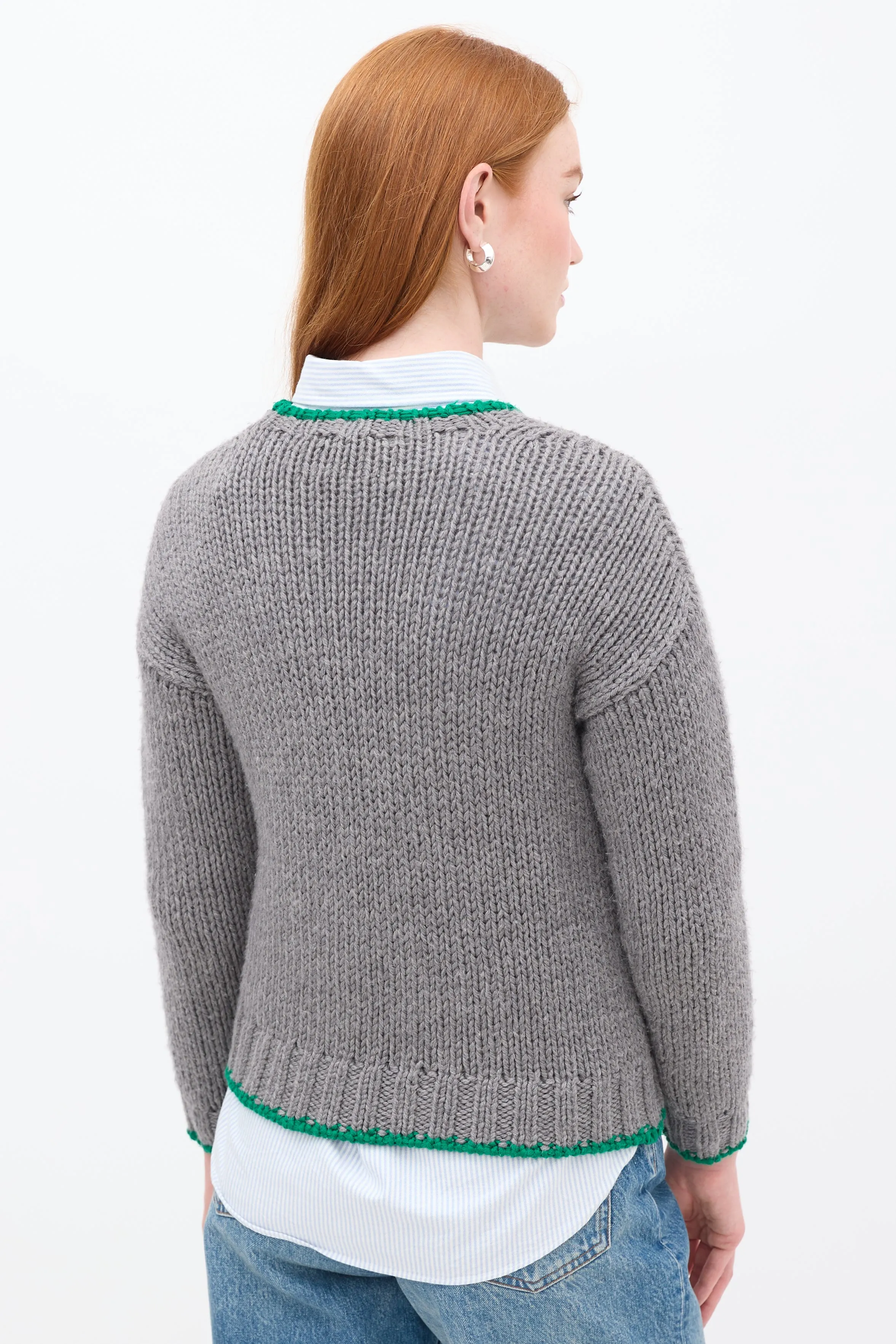 Grey & Green Wool Trimmed Sweater