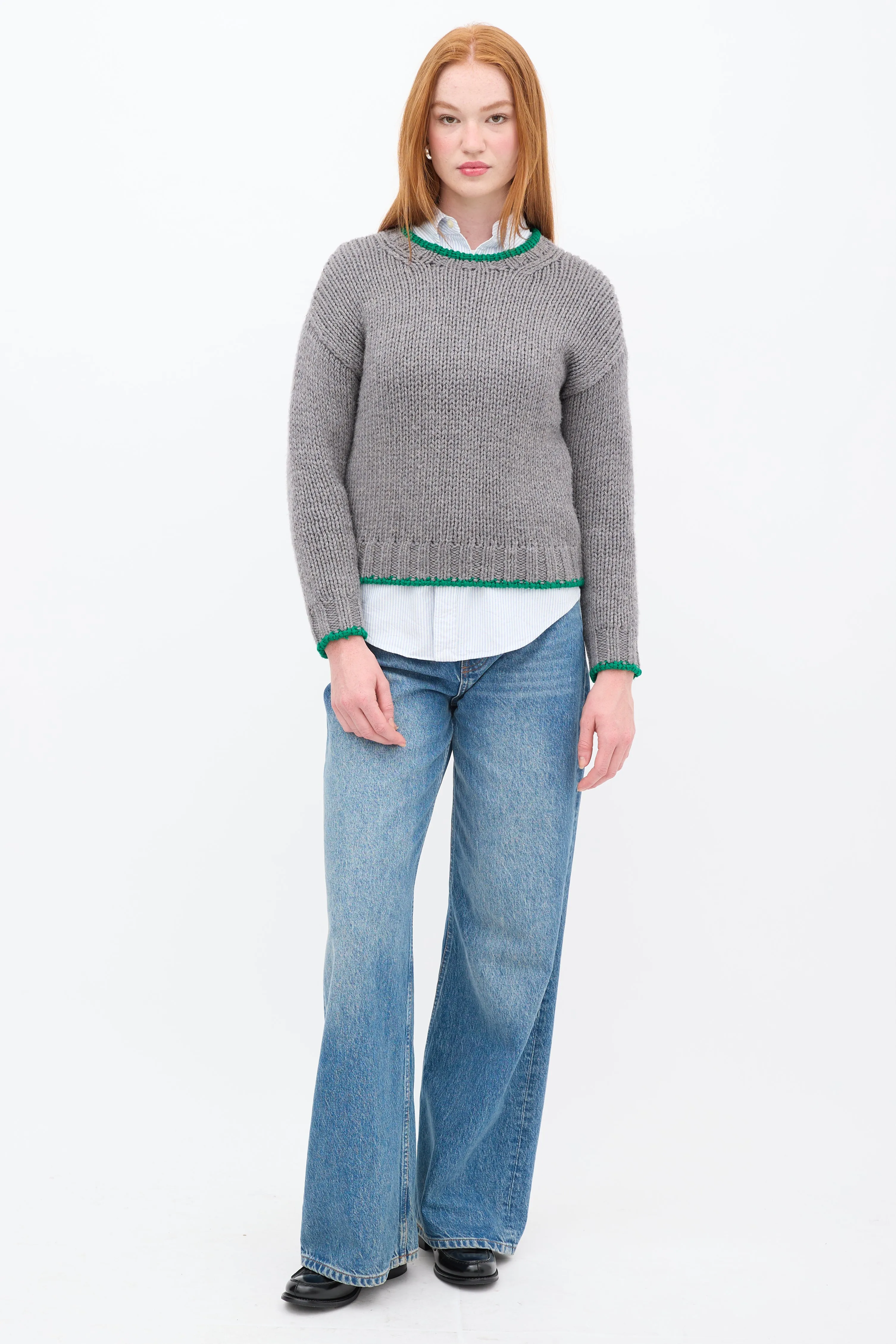 Grey & Green Wool Trimmed Sweater