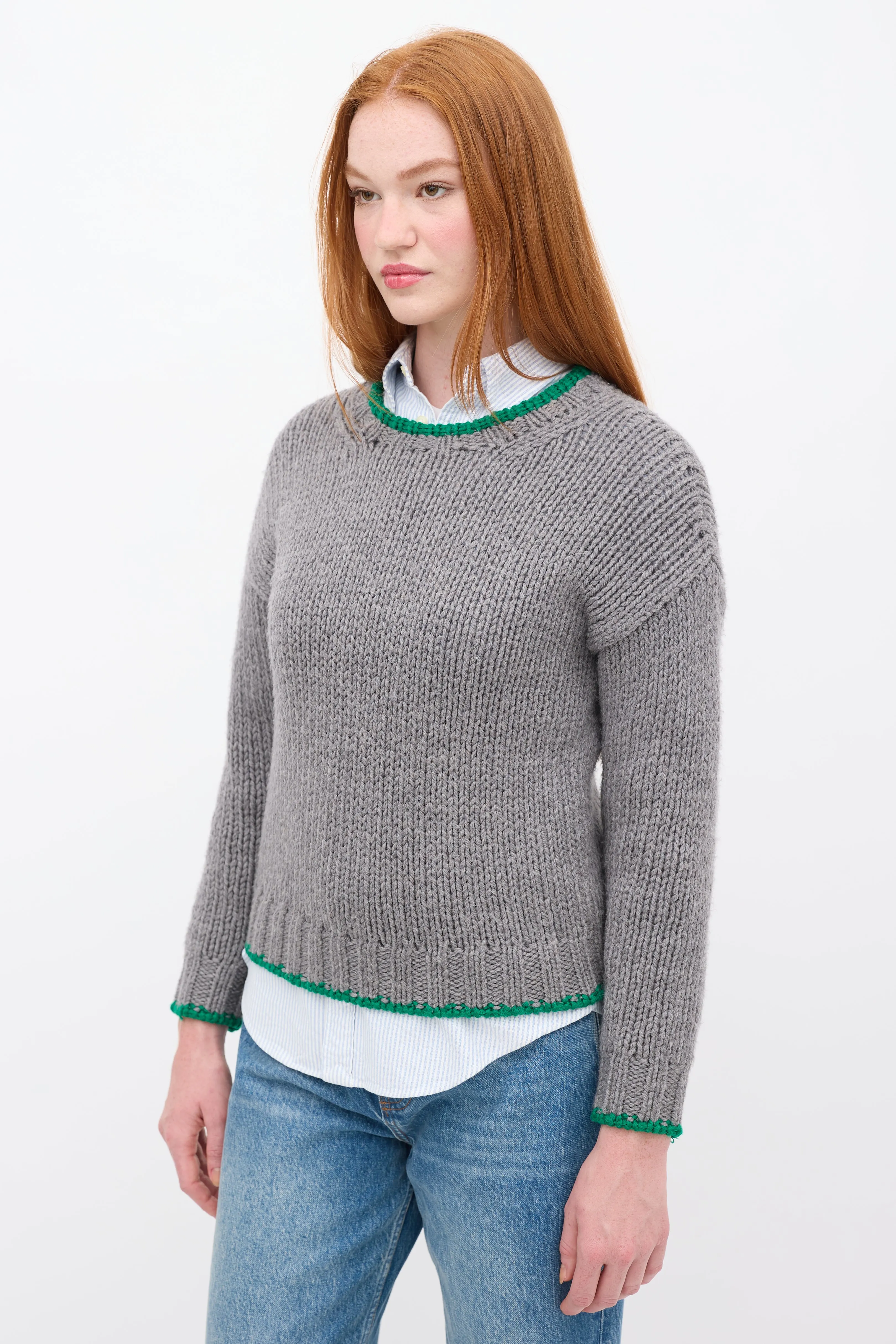 Grey & Green Wool Trimmed Sweater