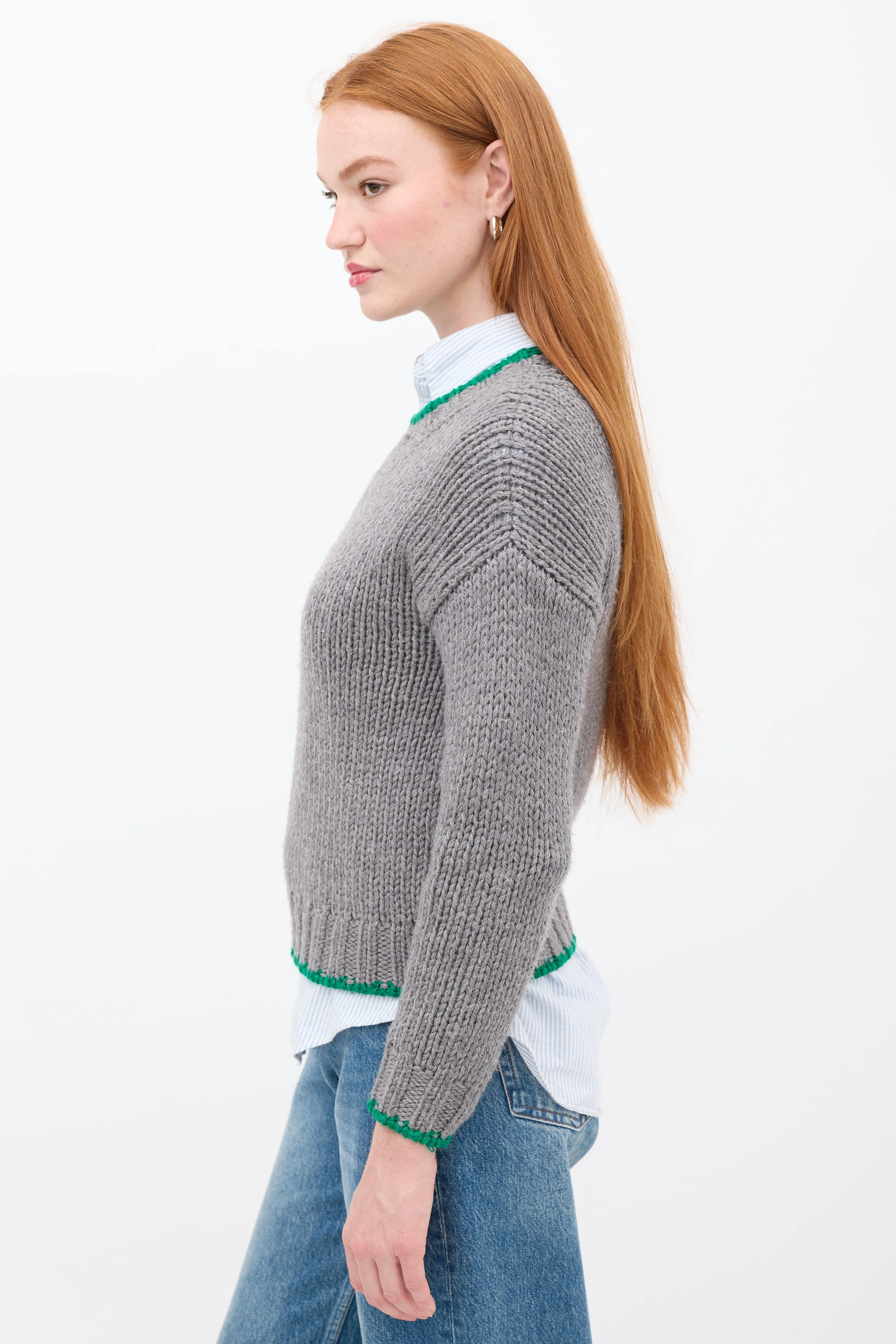 Grey & Green Wool Trimmed Sweater